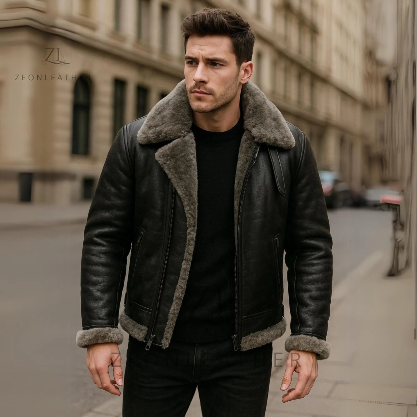 Men’s Black Leather Shearling Jacket Oversized Fur Collar Winter Aviator Coat
