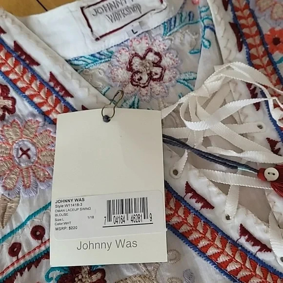 Johnny Was Oman Laceup Swing Embroidered Blouse Size L