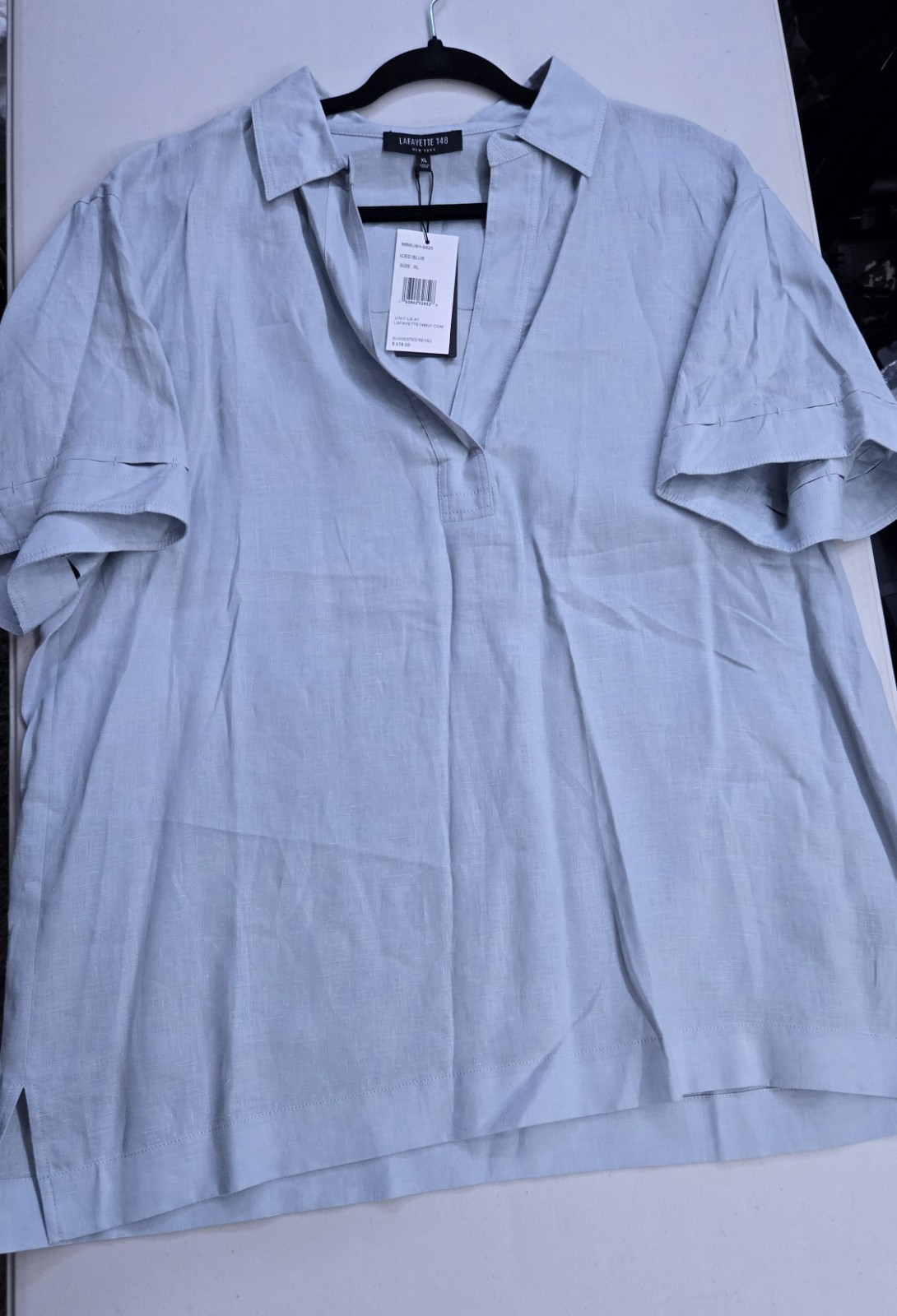 Lafayette 148 New York Collared Blouse Solid Blue Short Sleeve XL MBBU8H-9820