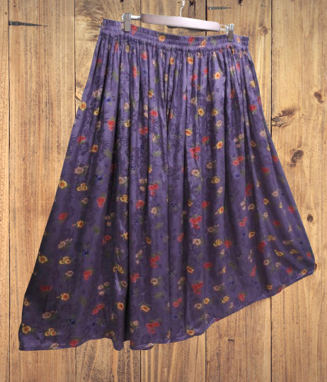 Vintage Requirements Purple Floral Embroidered Silky Full A-Line Skirt Size XL