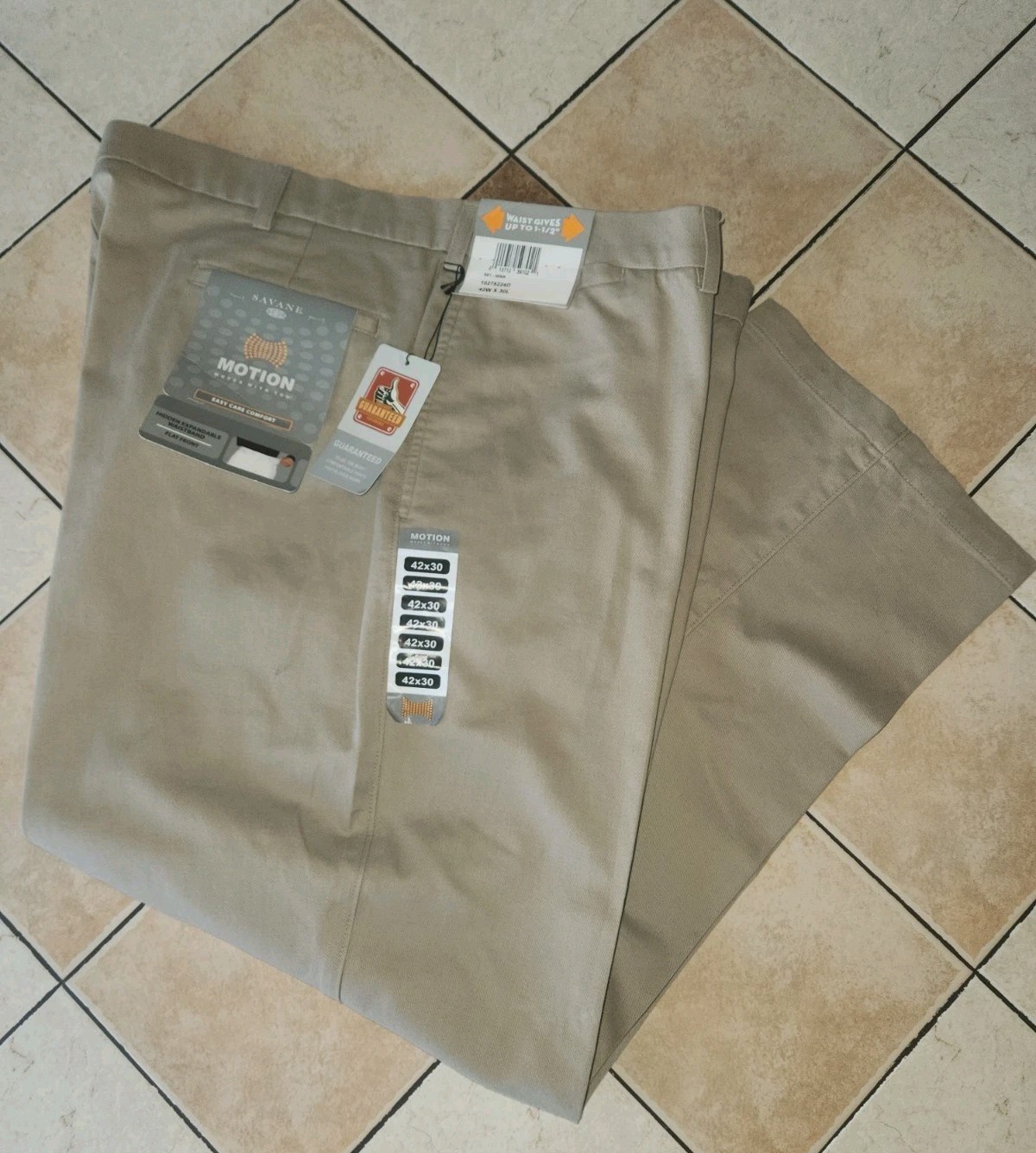 Savane Motion Men’s 42W X 30L Tan Khaki Mink Flat Front 100% Cotton NWT