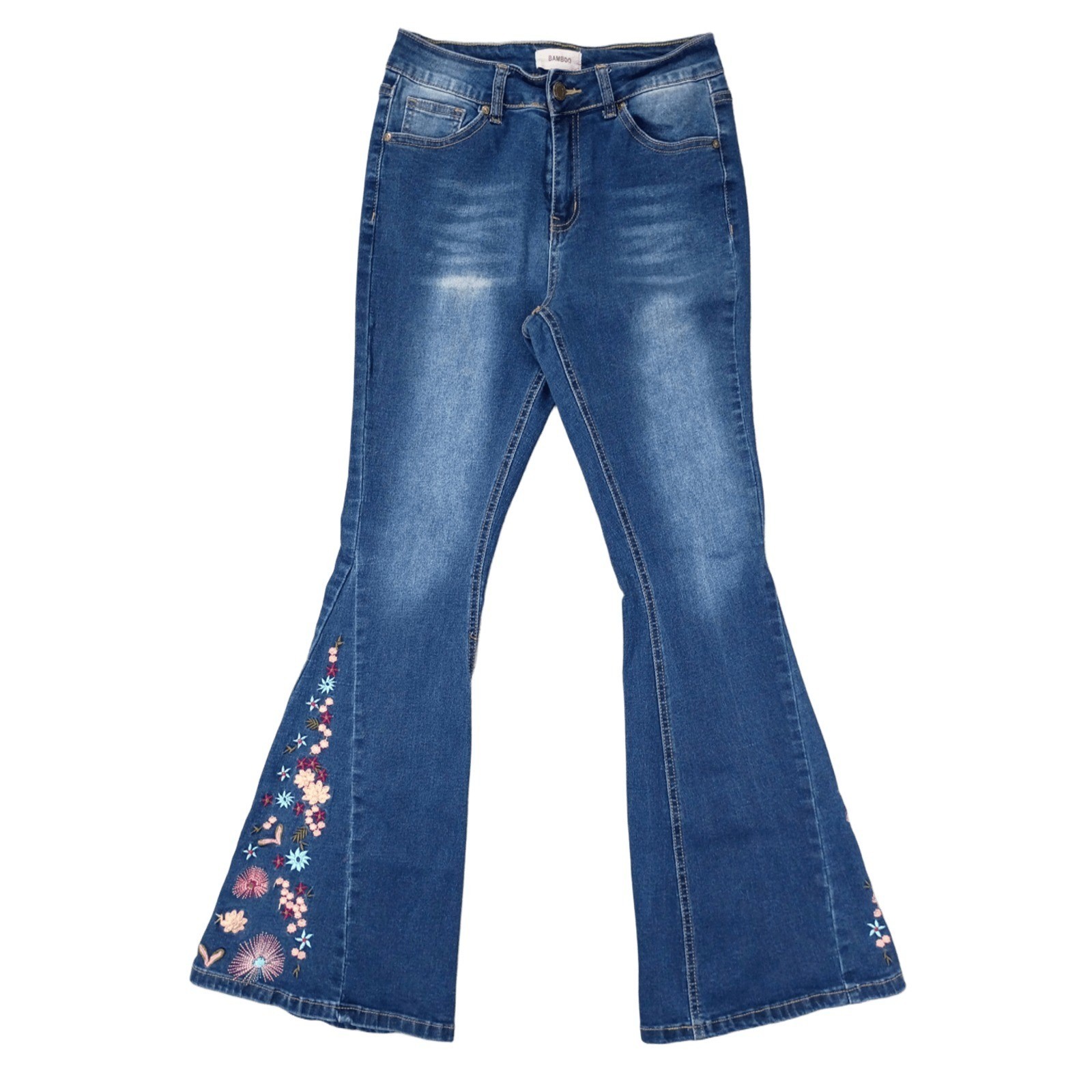 Bamboo Flare Bell Bottom Pink Floral Embroidered Jeans Boho Hippie 90s Size 7