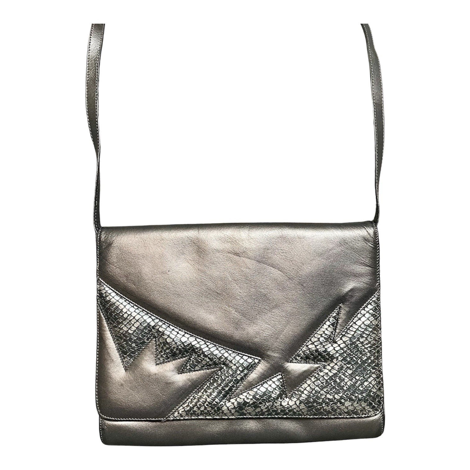 Bally Vintage Metallic Silver Leather & Snakeskin ShoulderBag Made in Italy