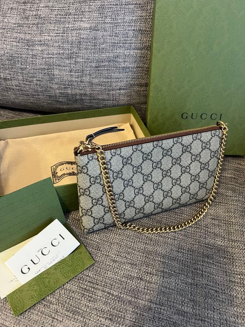 GUCCI GG 909096 Canvas Handbag US 8.7×5.1in Beige Grey Leather Trim Elegant