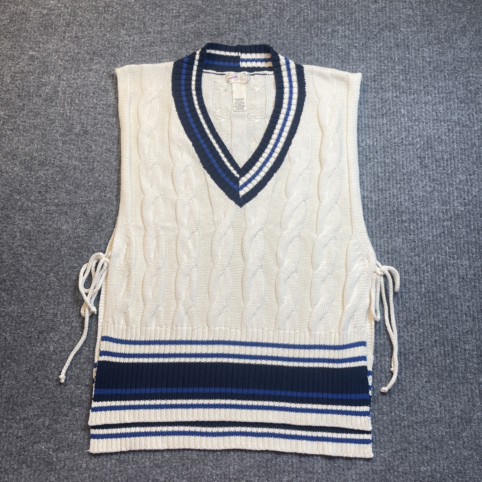 Free People Coastal Prep Poncho Vest Cable Knit One Size Cream Blue NEW