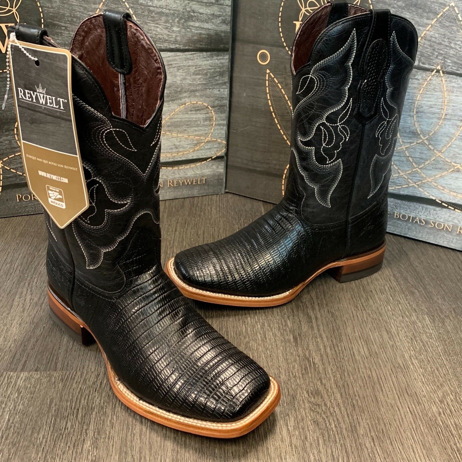 MEN’S RODEO COWBOY BOOTS LIZARD PRINT LEATHER WESTERN SQUARE TOE BLACK BOTAS