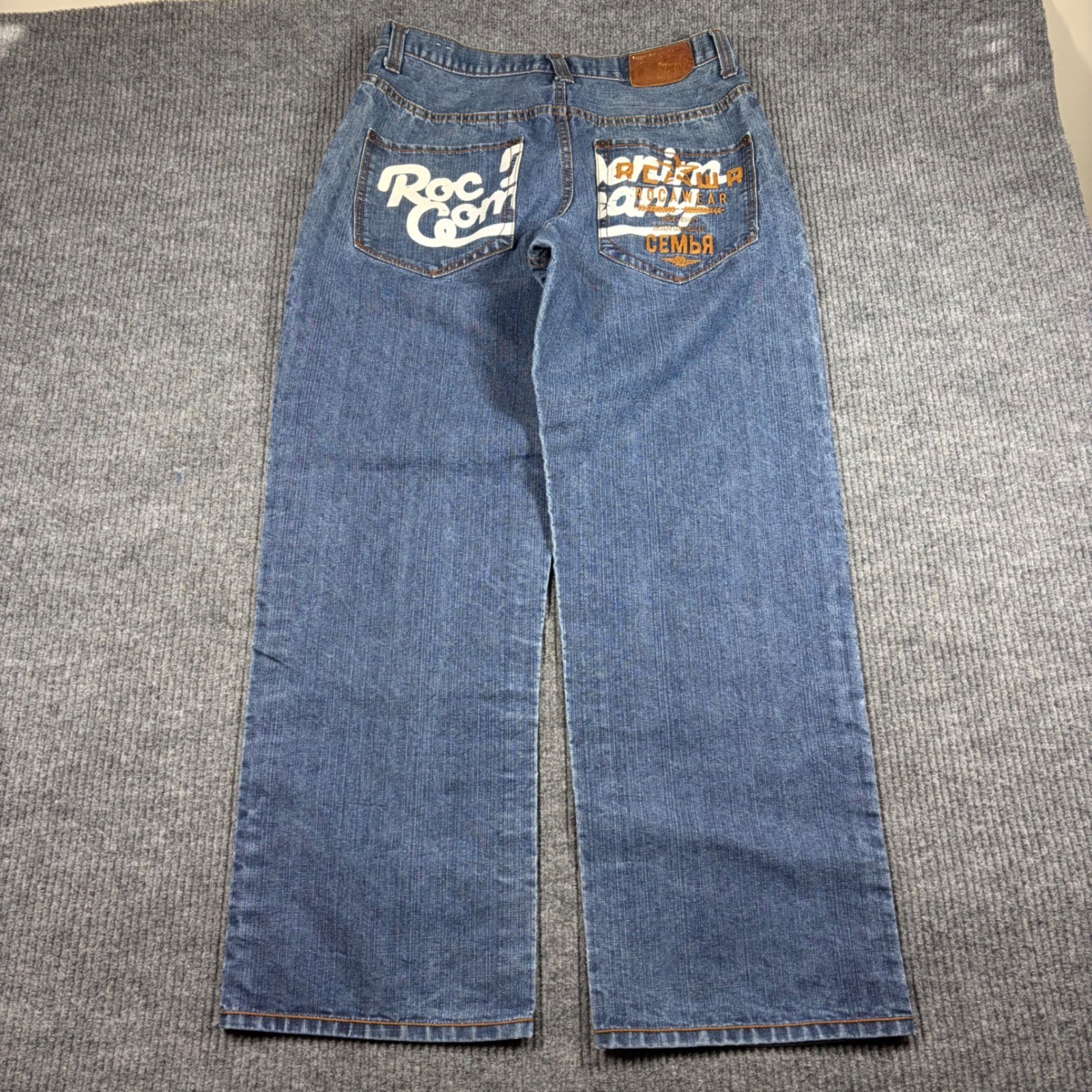 Rocawear Jeans Mens 34 Baggy Blue Denim Graphic Print Y2K Hip Hop