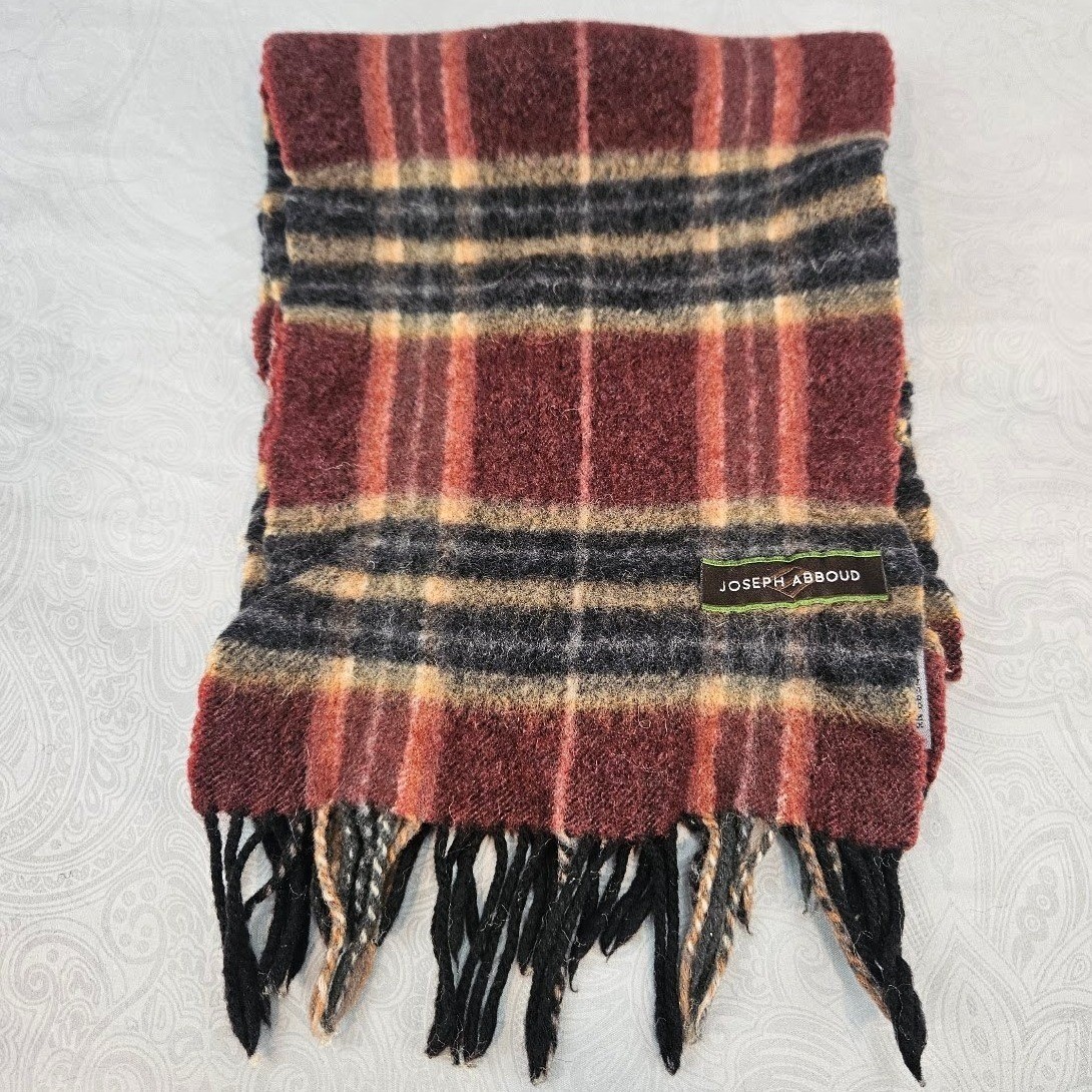 Joseph Abboud 100% Cashmere Plaid Scarf Burgundy Orange Made in Germany Vintage