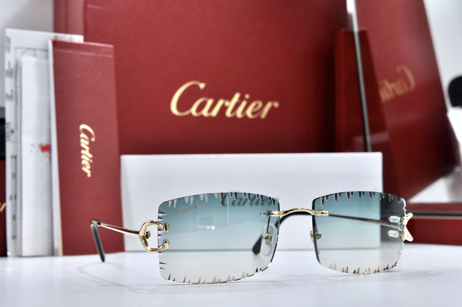 Cartier Rimless Piccadilly BIG C Decor Gold Occhiali Frame Glasses diamond lens