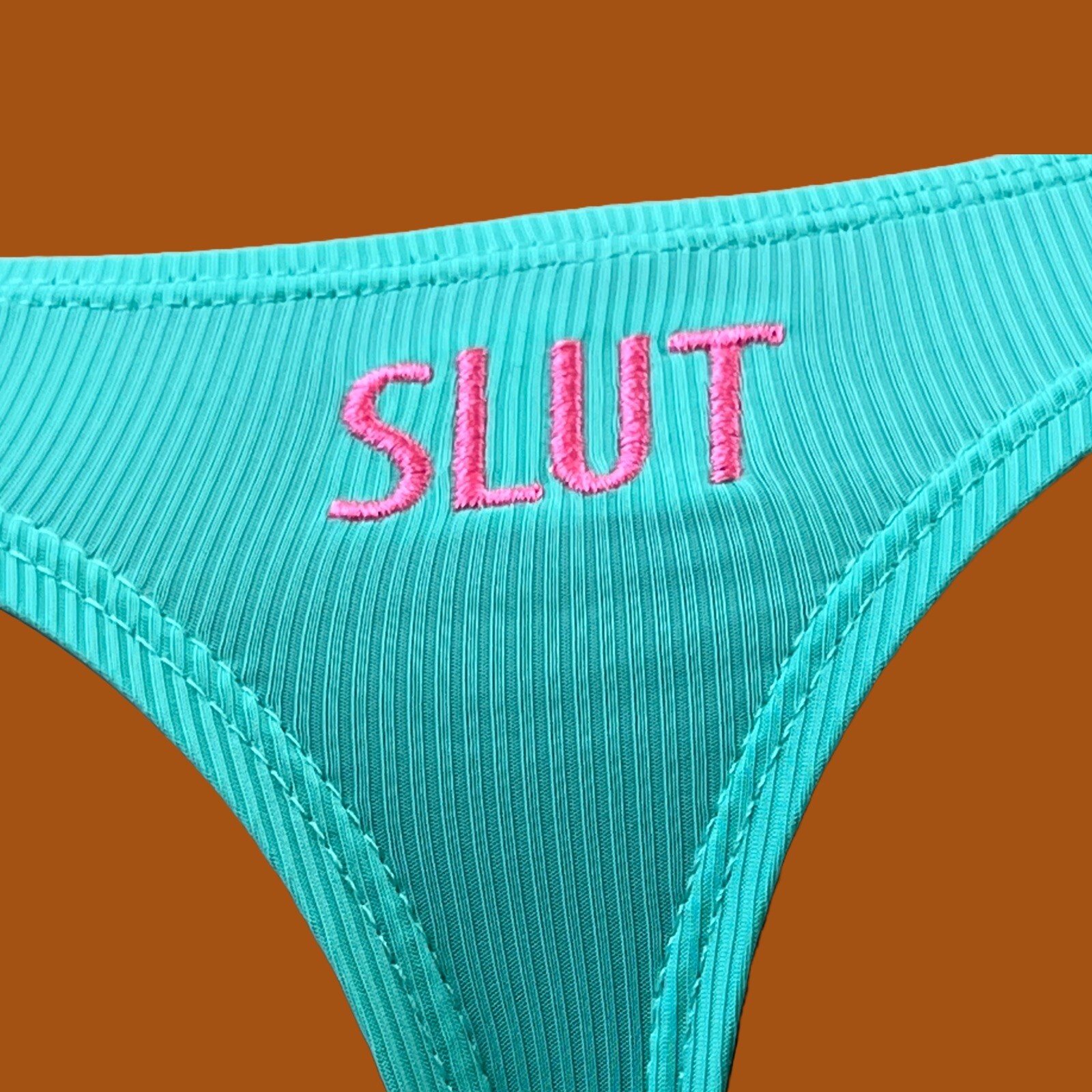 SLUT custom embroidery mens mint Green ribbed swim thong underwear swimwear