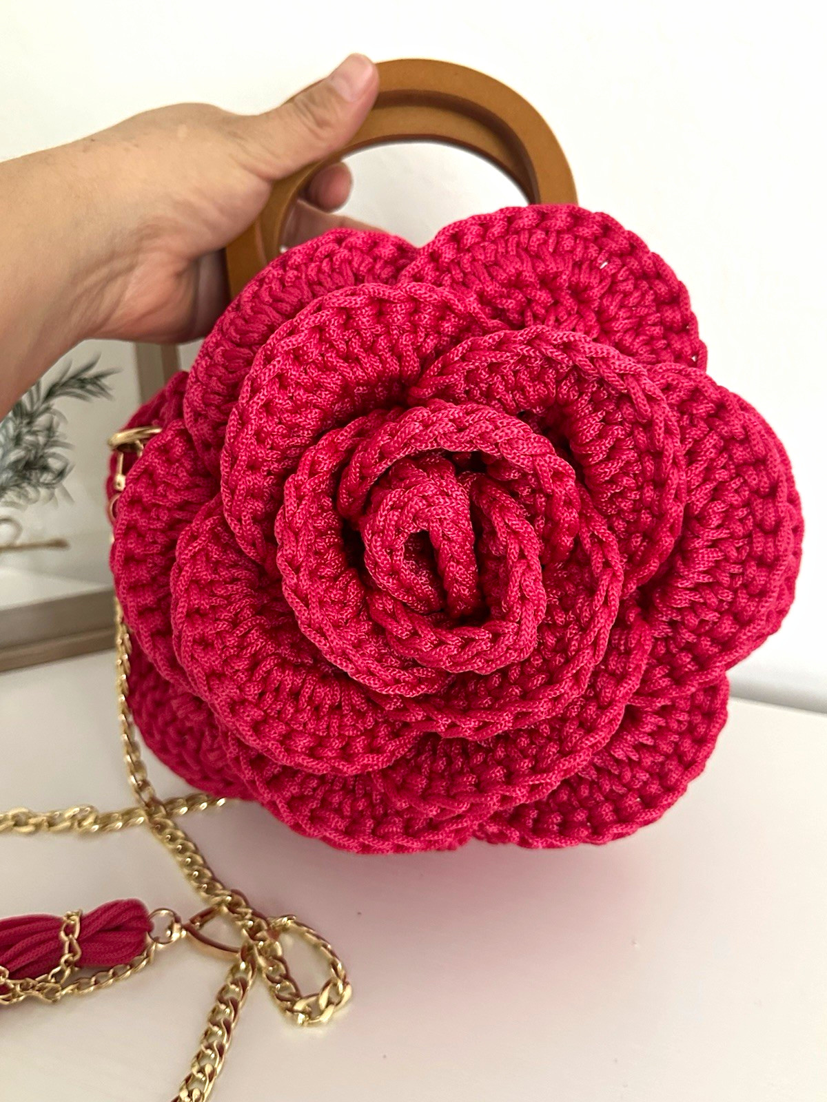 By Grace Red Floral Crochet Rose Crossbody Top Handle Gold Chain Zip Tassel