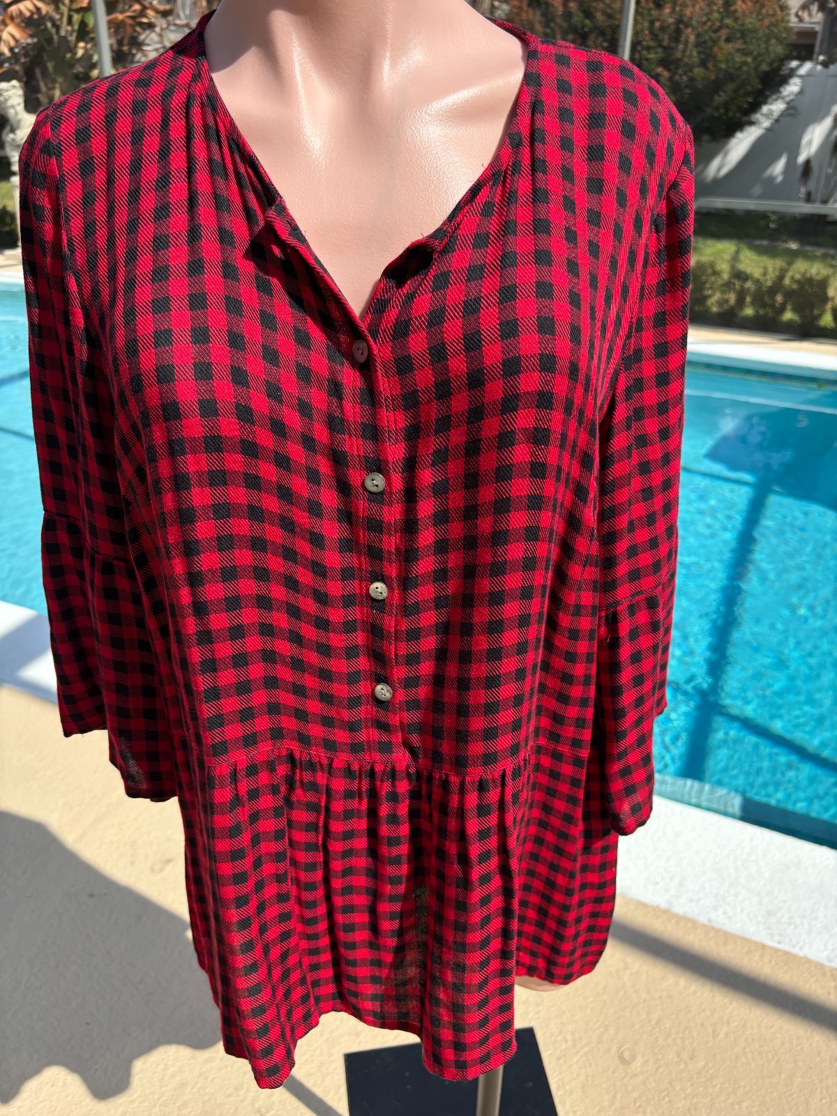 J Jill Buffalo Check Red Black Blouse Shirt long sleeve size S Small