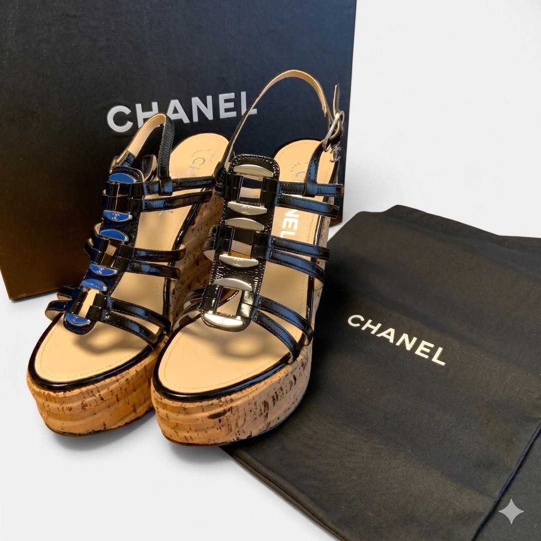 CHANEL CC Logo Coco Mark Patent Leather Strappy Cork Wedge Sandals US 5