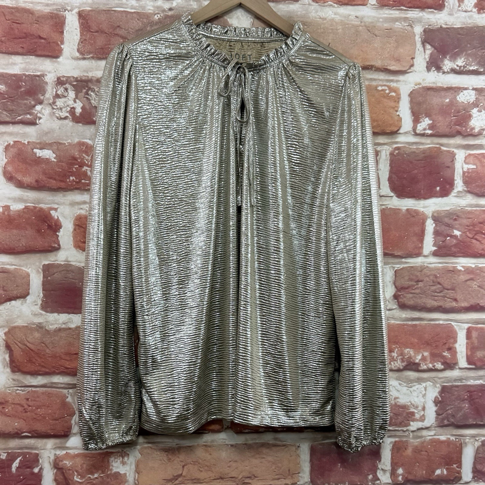 Ann Taylor Loft Womens Large Gold Metallic Ruffle Tie Neck Casual Evening Shirt