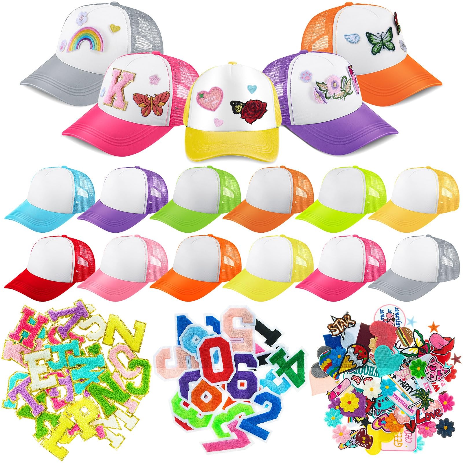 12 Pack DIY Trucker Hats Kit, Sublimation Blank Baseball Caps with 120 pcs Em…