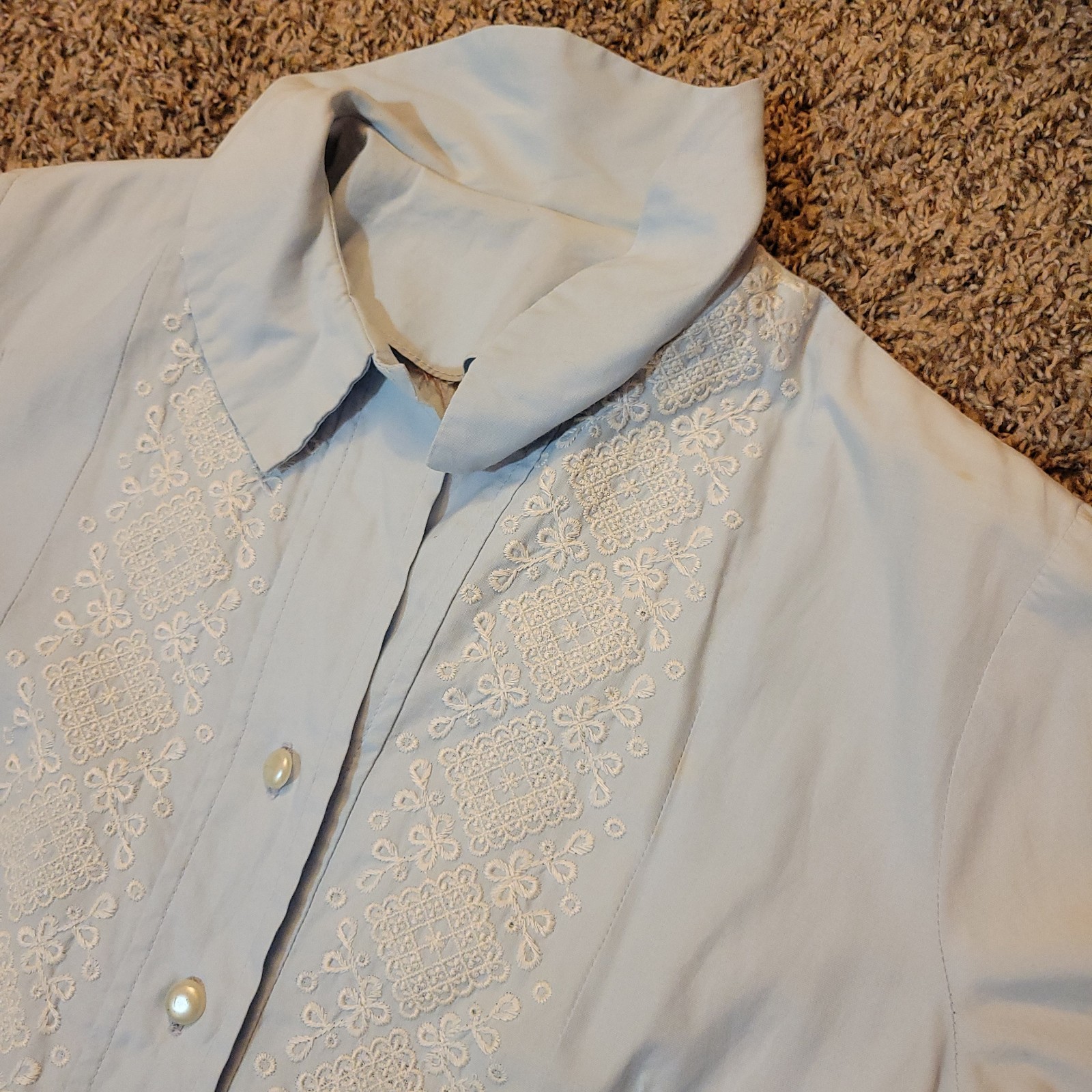Vintage 40s/50s Light Pastel Blue Dress Collar Button Short Sleeve Knee Length