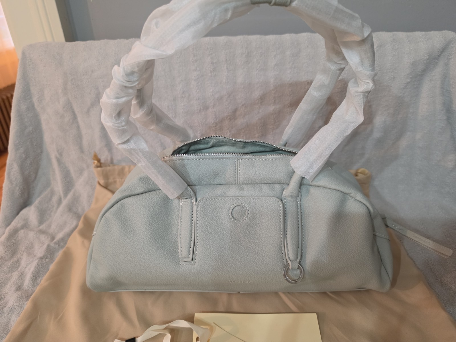 Songmont Light Blue Pebbled Top Handle Satchel Zip Closure, Dust Bag Card