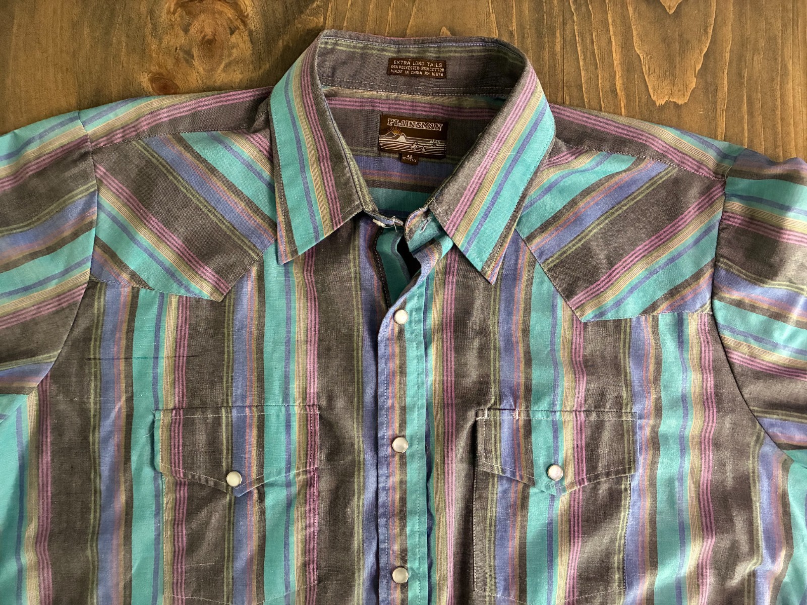 Plainsman Extra Long Tails Shirt Mens XL 17-17 1/2 Pearl Snap Stripe Western SS