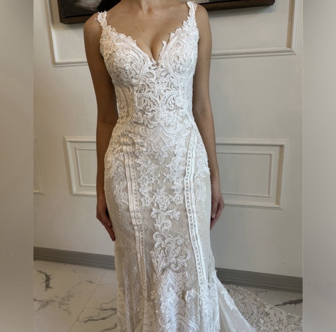 Martina Liana D3657 Size 6 Ivory Lace V-Neck Mermaid Fit & Flare Train