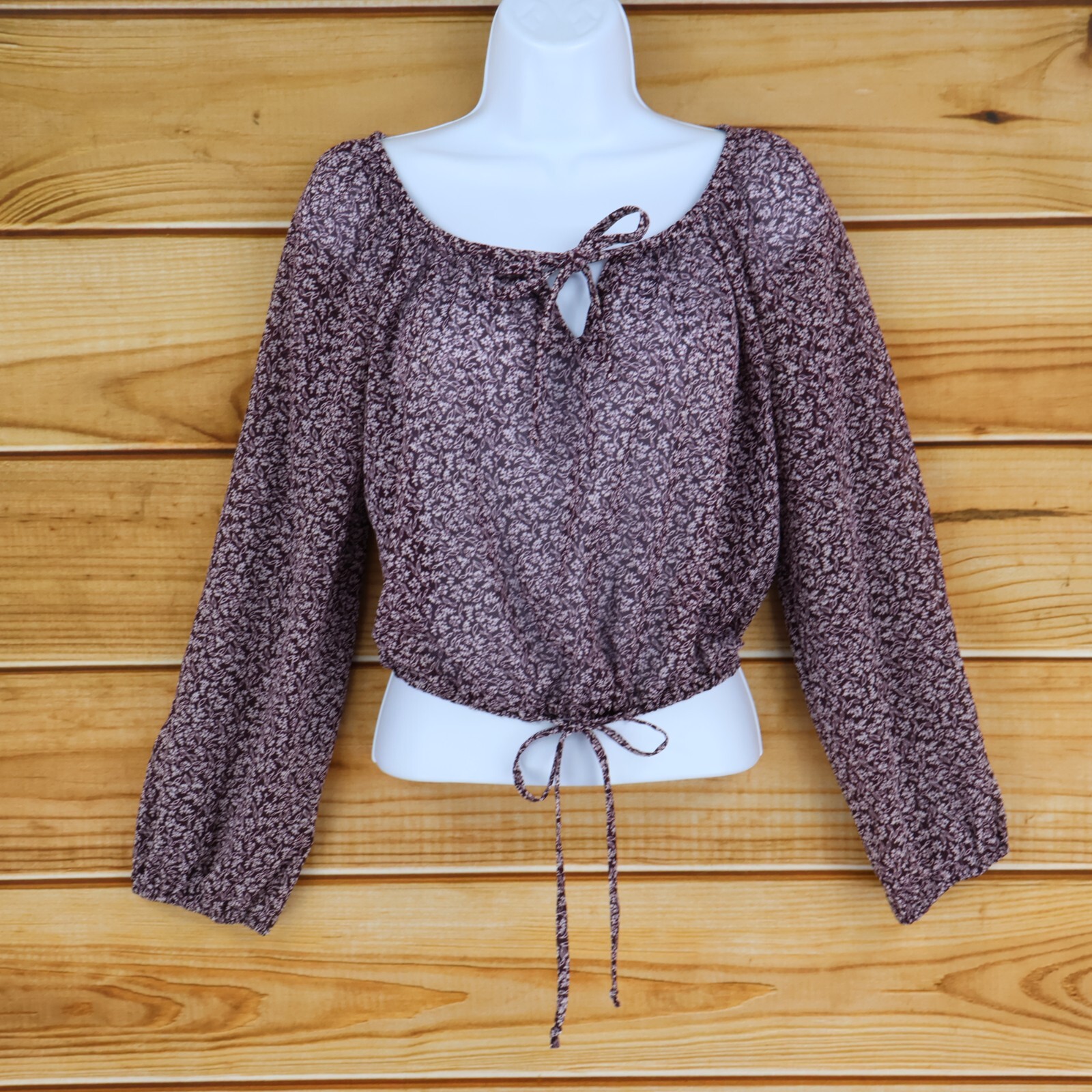Sue Brett Cropped Sheer Blouse Womens Size L Burgundy Floral CHEST: 40 INCHES