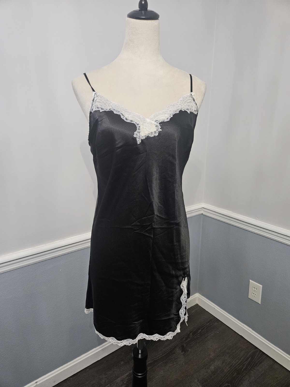 Sz L Victoria’s Secret Black Satin Mini Slip Dress Leg Slit Lace Trim