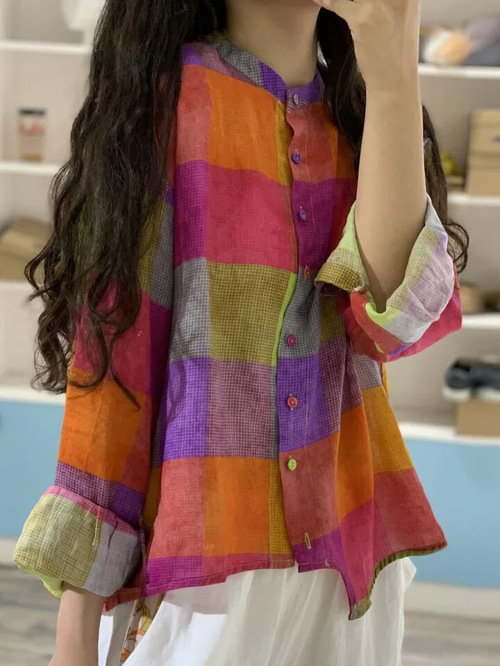 Buykud Irregular Plaid 100% Ramie Button Blouse Shirt Colorful Long Sleeve XL