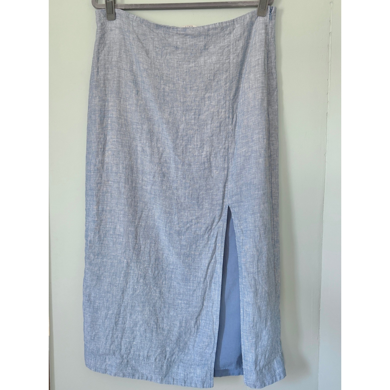 LOFT Linen/Cotton Midi Skirt High Waisted Front Slit Lined Light Blue Size 14/XL