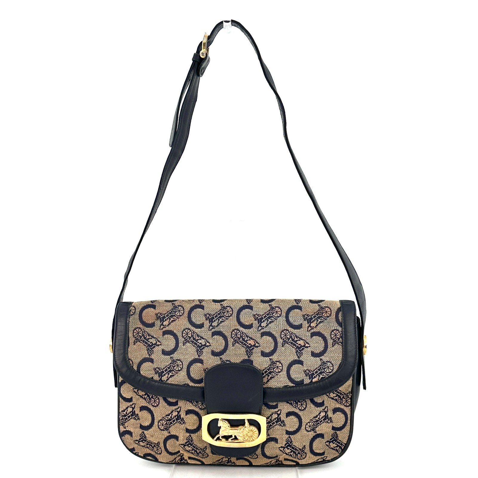 Vintage Celine Horse Carriage Macadam Shoulder Bag Navy Used Authentic [Rank B]