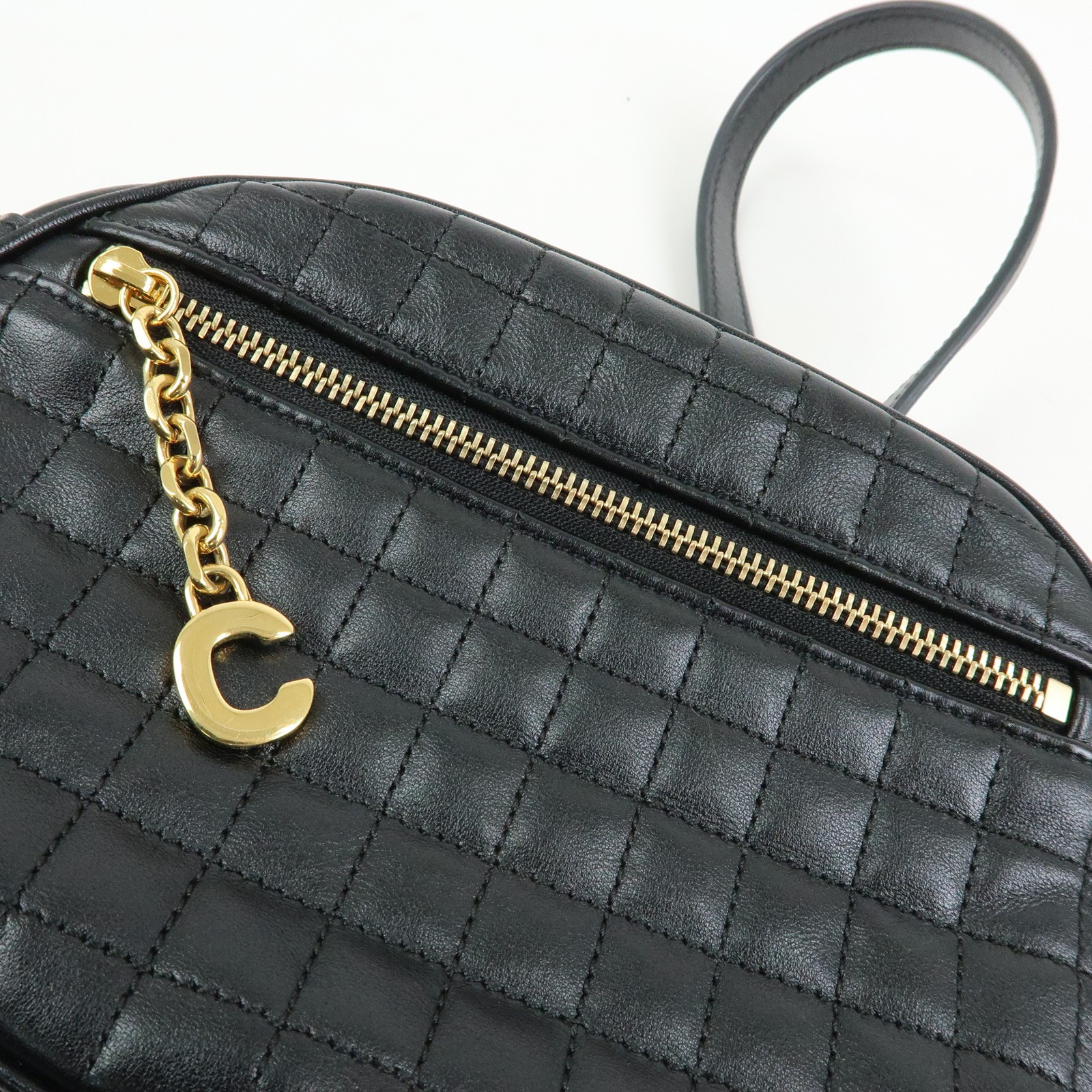 CELINE C Charm Leather Shoulder Bag Crossbody Bag Camera Bag Black Auth Used F/S