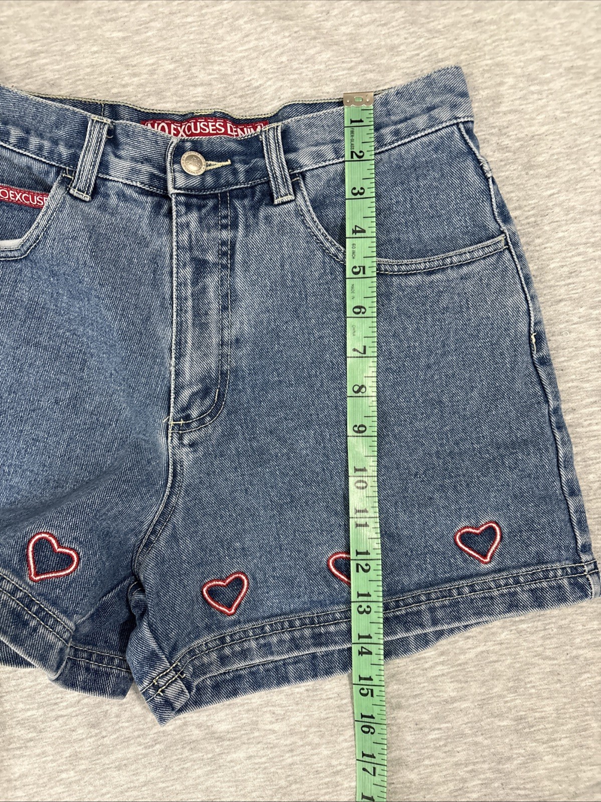 No Excuses High Waisted Denim Jean Shorts Hearts Sz 9/10 Y2K Aesthetic