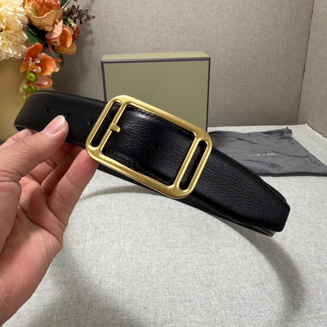 Tom Ford Mens Black Leather Gold Metal Buckle Belt Width 3.5cm