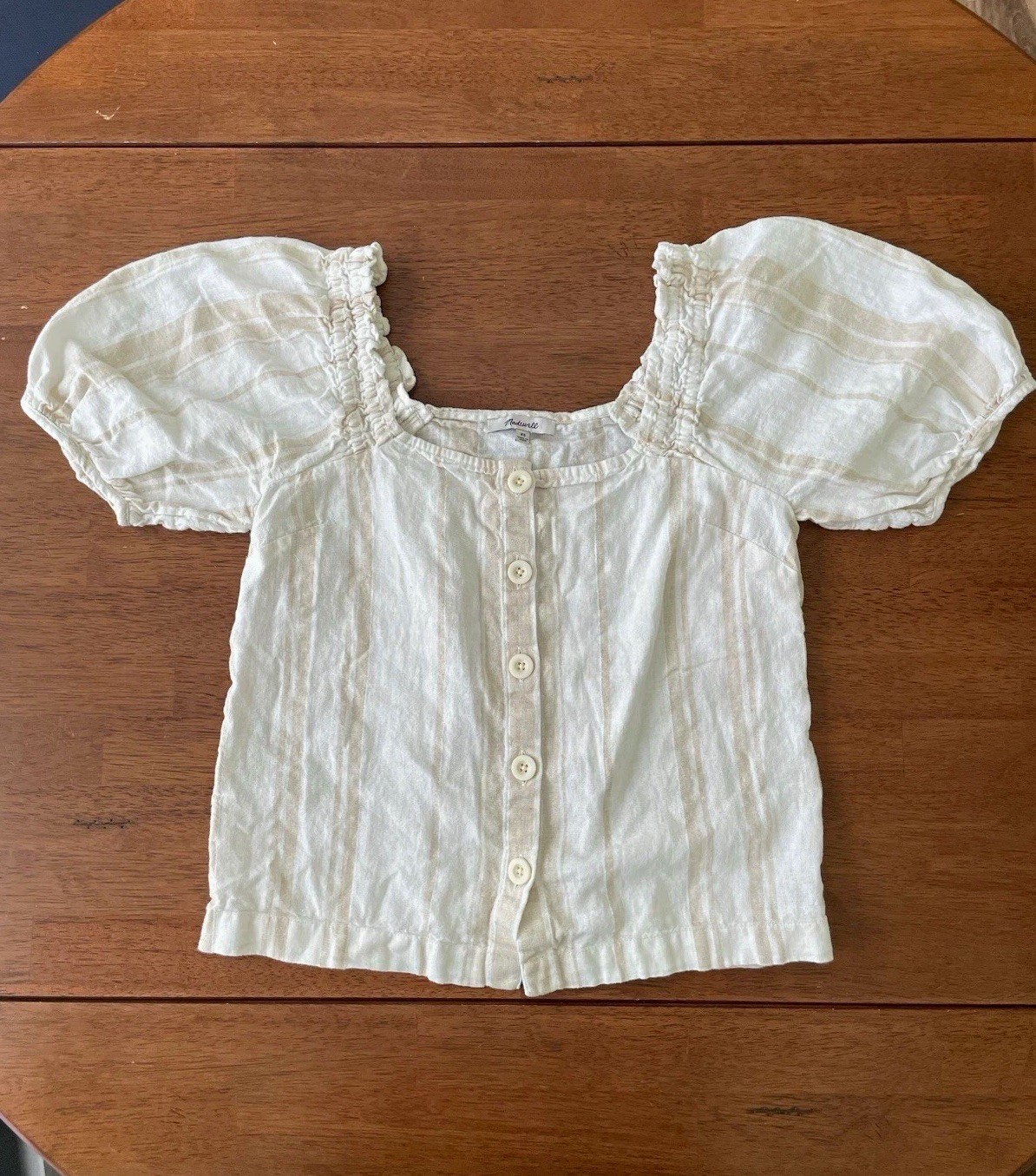 Madewell Linen Top XS Neutral Striped Short Puff Sleeve Coastal Cottage Romantic