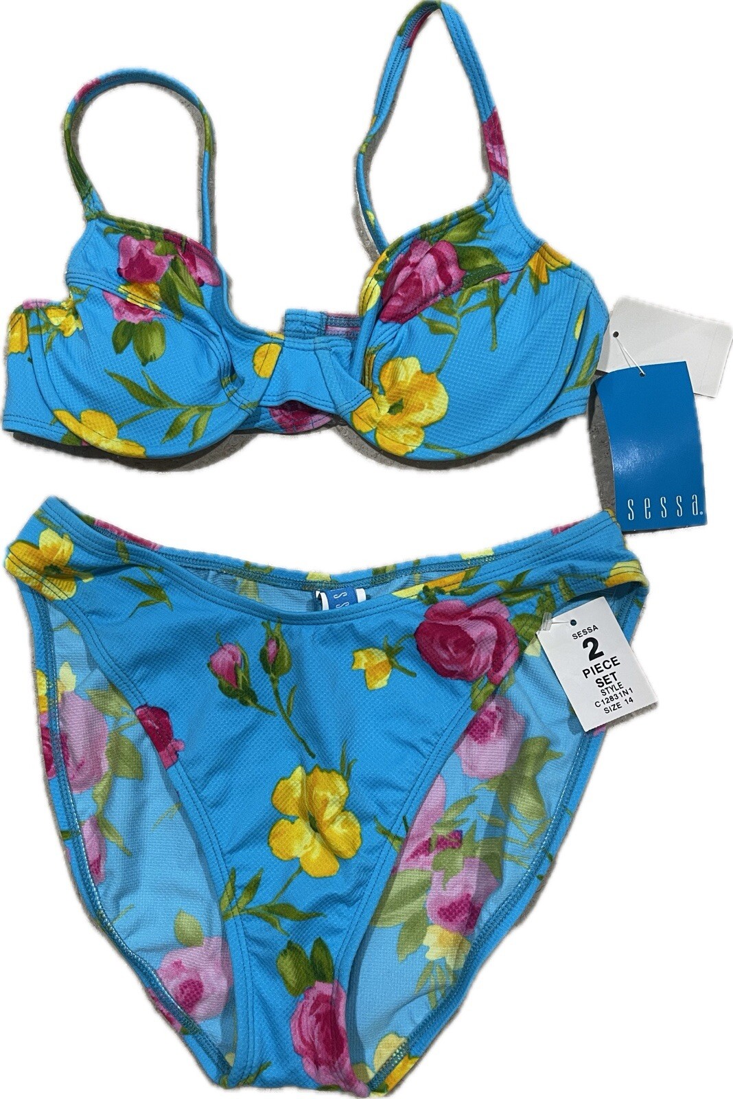 Sessa Neon Blue Floral Padded Bikini High Cut Waist Bikini Swimsuit Size 14 NWT