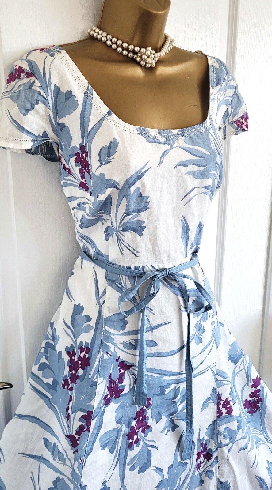 MONSOON WHITBY White Blue Floral Print Ramie Cotton Mix Fit & Flare Dress UK 20