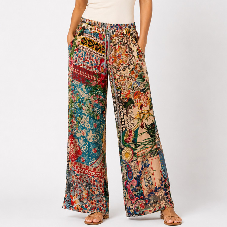 Johnny Was Sz M Silk Rayon Patchwork Wide Leg Lounge Pants Boho Pull On FLAWED