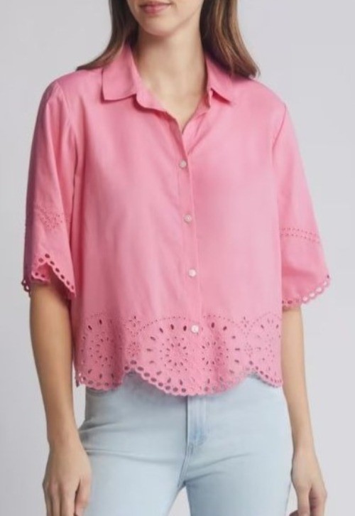 Beachlunchlounge Women’s M Pink Scalloped Hem Eyelet Blouse Short Sleeve M1051