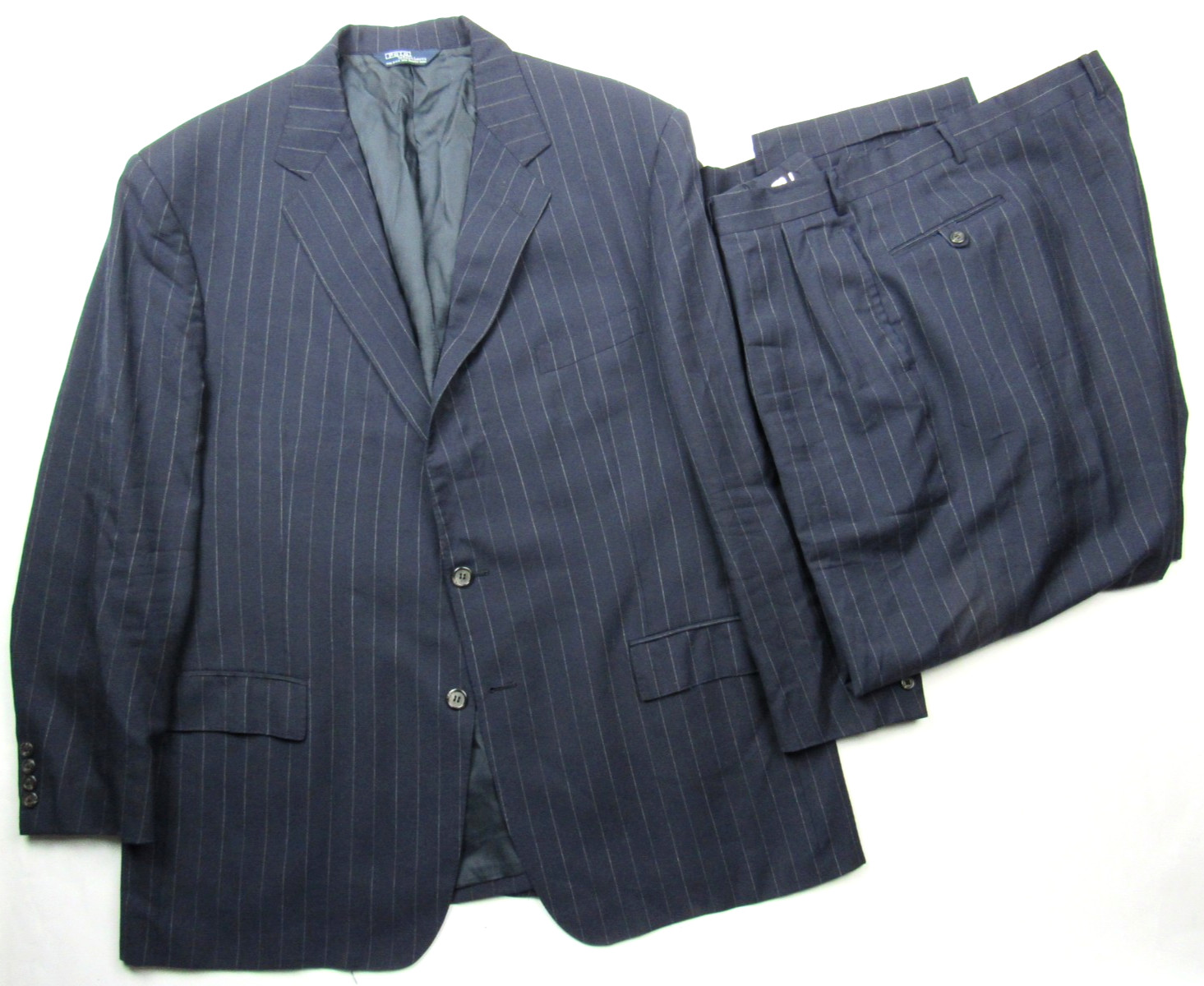 Vtg 1980s Polo Ralph Lauren 2 Pc Men’s Suit Sz 48R / 41 x 29 Navy Pinstripe Wool