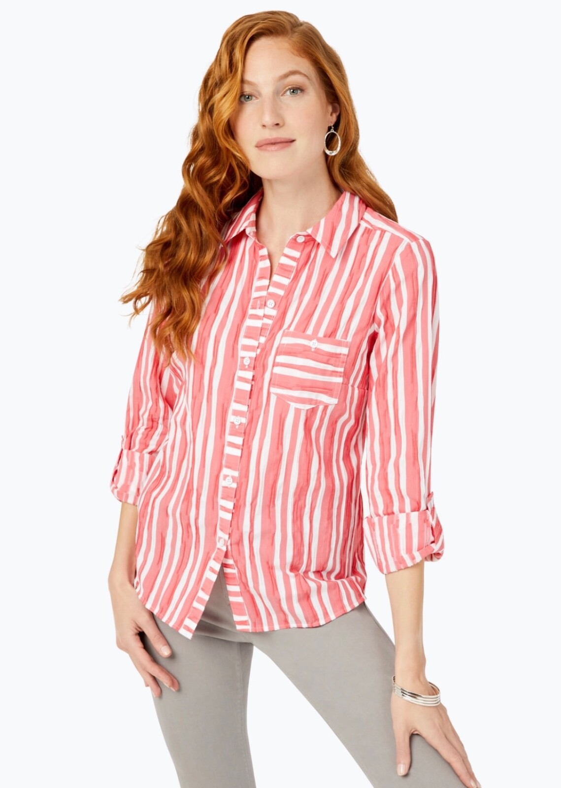 Foxcroft Women 16 Salmon Pink White Multicolor Crinkle Hampton Beach Shirt NWOT
