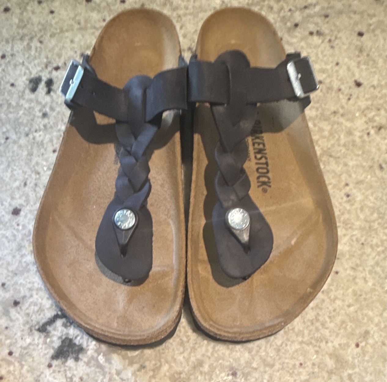 Birkenstock Black Braided Leather Thong Sandals Adjustable Buckle Women 39/8 Reg