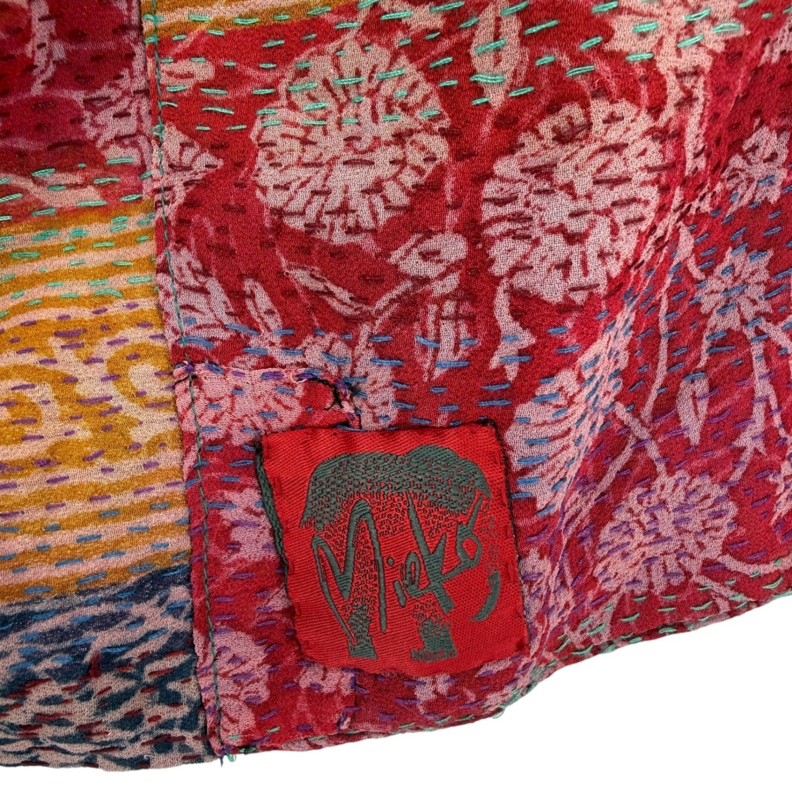 Mieko Mintz Reversible 100% Silk Kantha Jacket Red Blue Floral Bandhani OS India