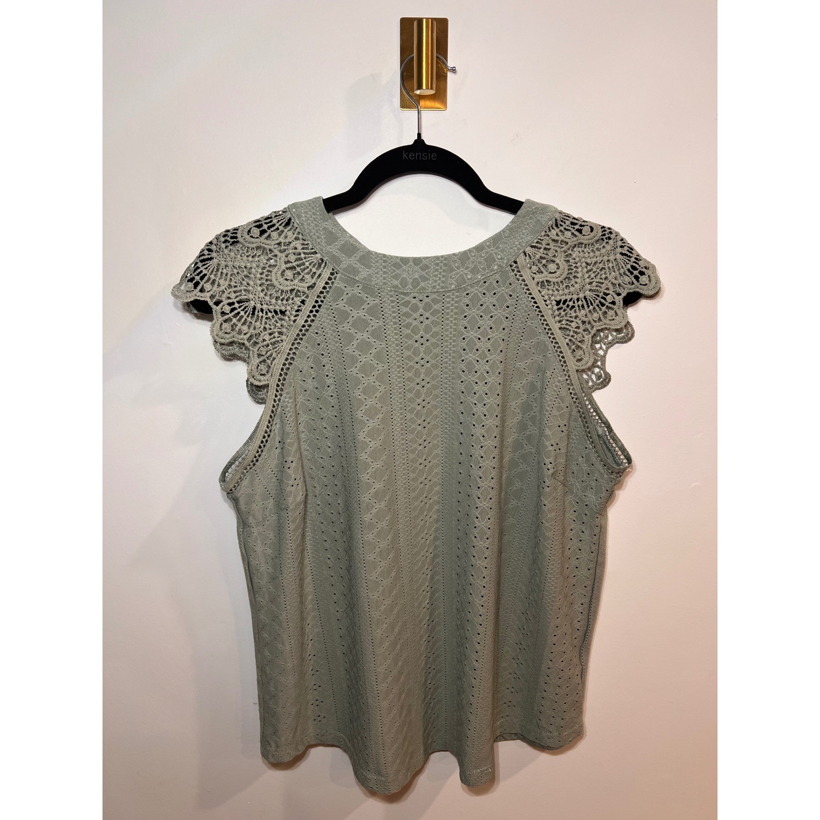 Boho Crochet Lace Trim Sage Green Cap Sleeve Top- Large
