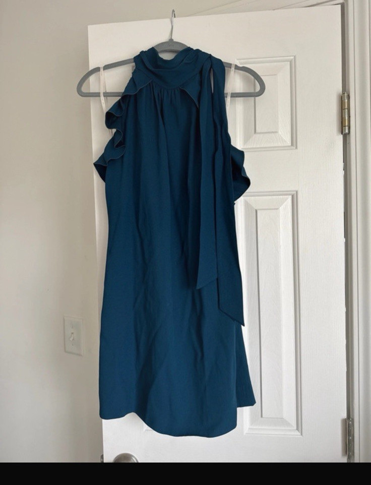 Rachel Zoe Blue Shift Dress Cold Shoulder Ruffle Tie High Neck Size 4