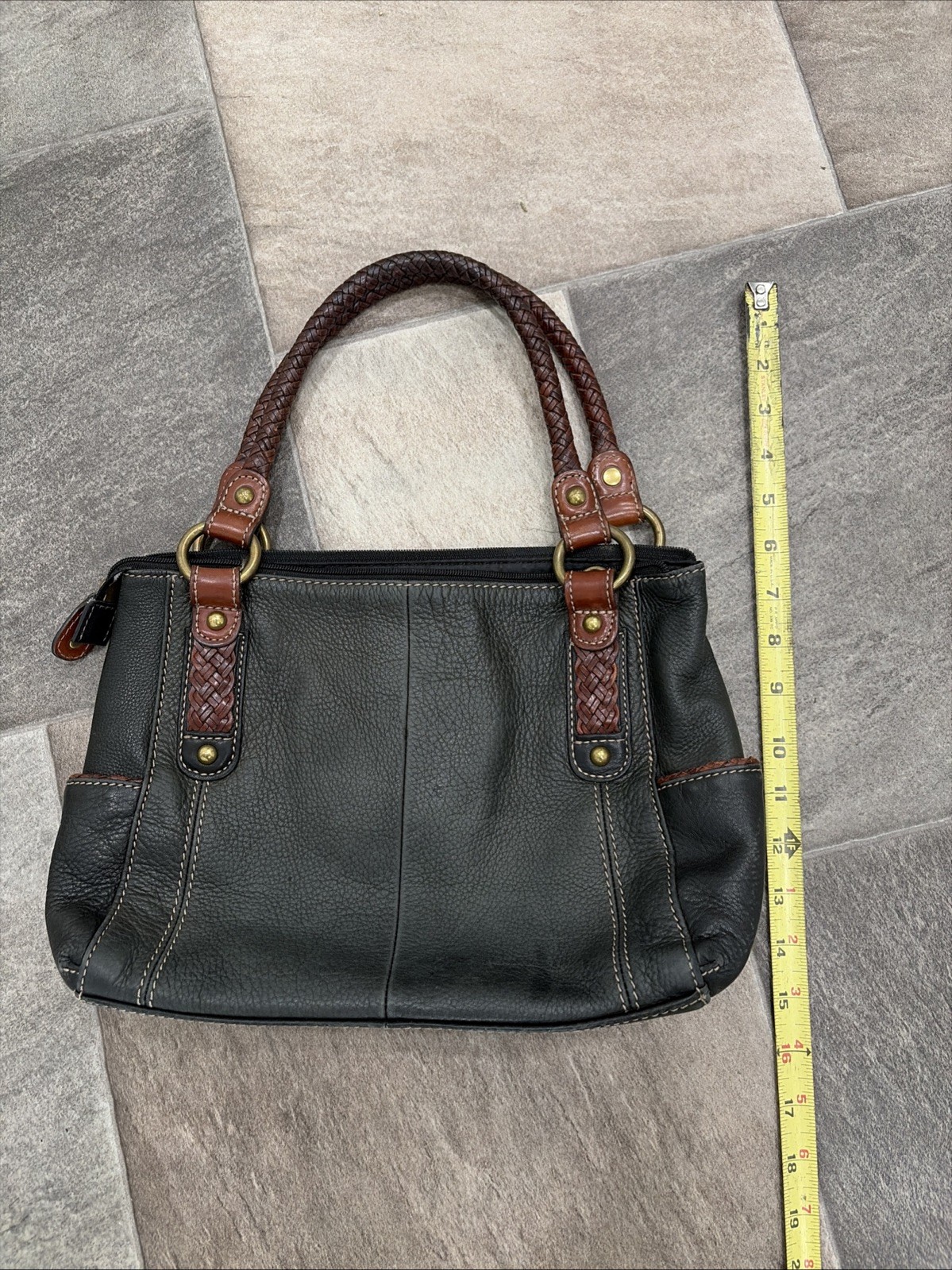Fossil Black Leather Shoulder Bag Purse Brown Straps Gold Hardware