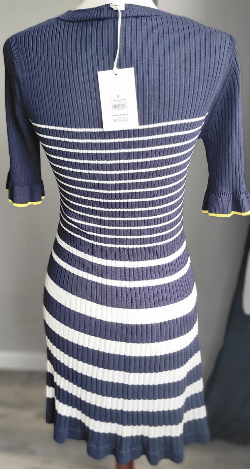 Free Assembly Ribbed Knit Dress Navy White Striped Ruffle Hem Size M NWT
