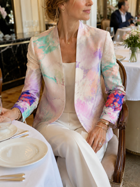 Escada Jacket Blazer 100% Silk Floral EU 36 US 4 Ivory Pastel Hook Front