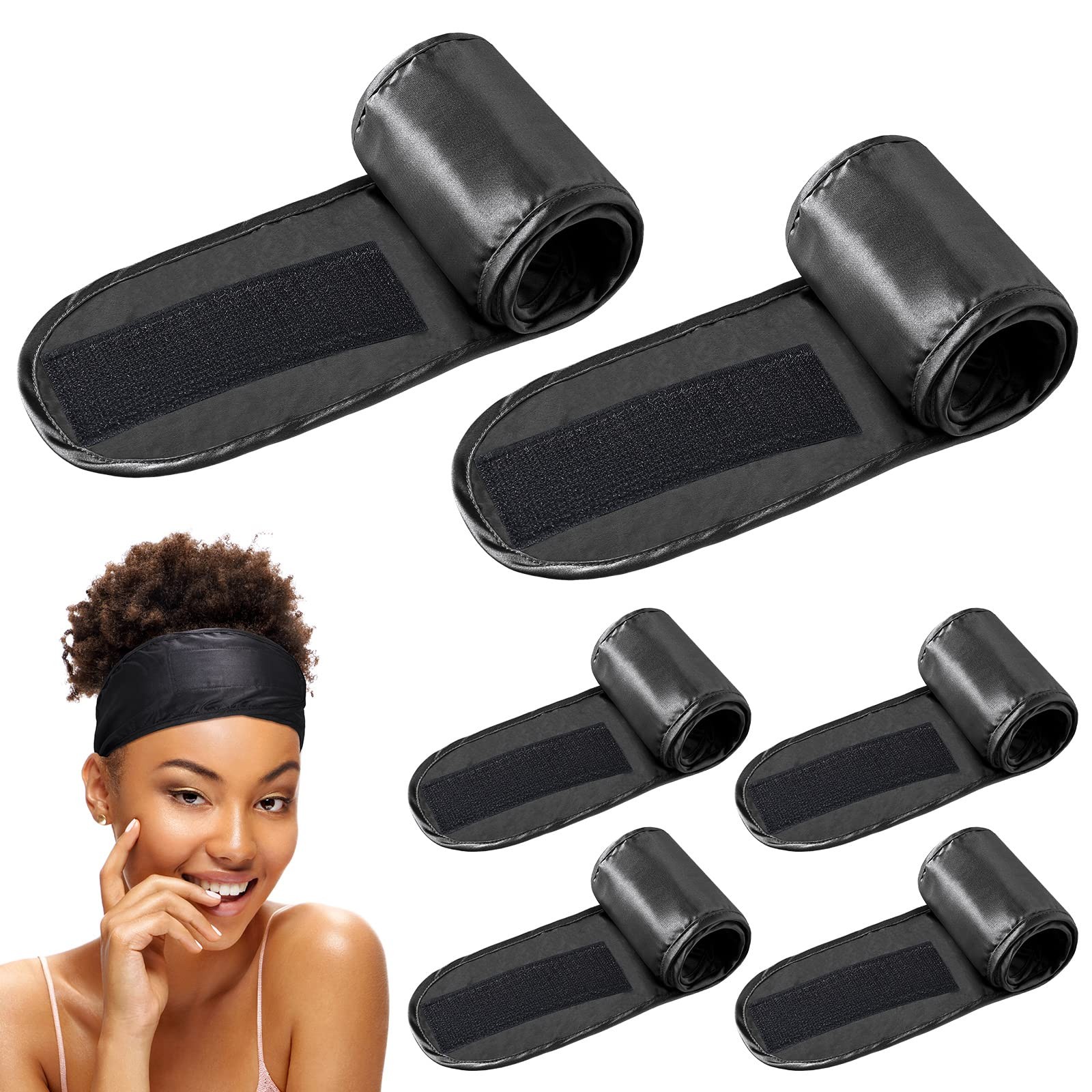 Hercicy 6 Packs Black Satin Spa Headband Silk One Size Fits Most, Color