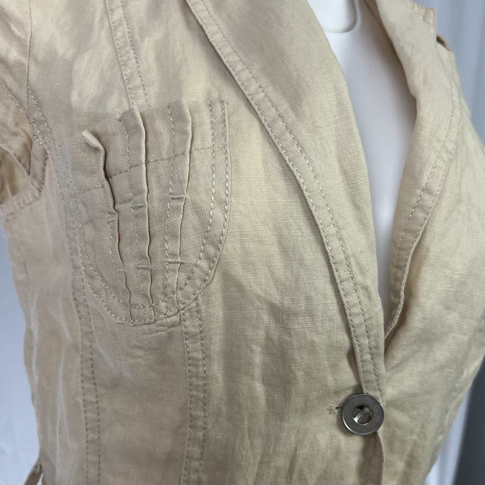 Apanage Vintage Y2K Jacket Top Safari 100% Linen Belted Khaki Short Sleeve US 4