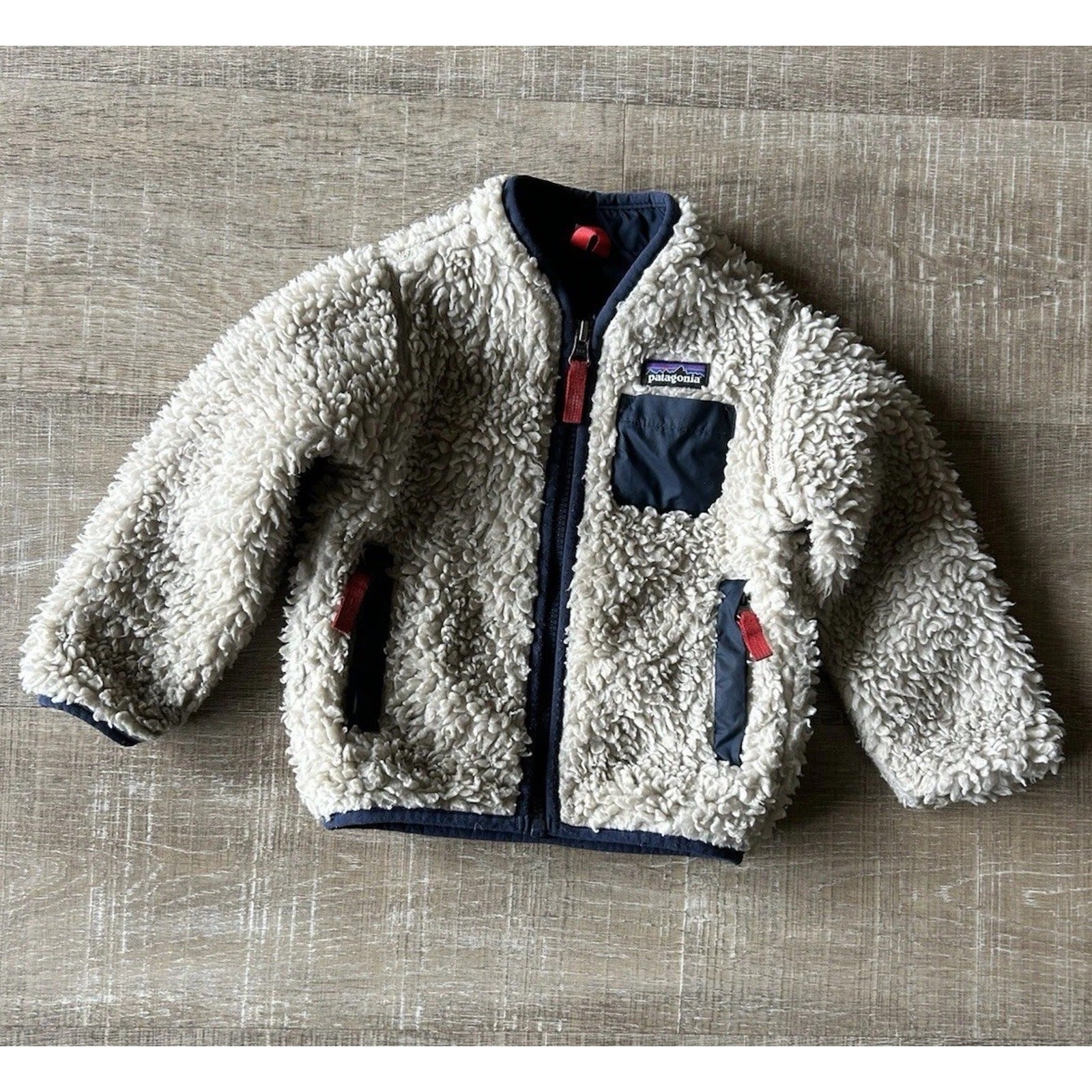 Patagonia Baby Retro X Fleece Jacket 12-18M Beige Navy Sherpa Full Zip 61025