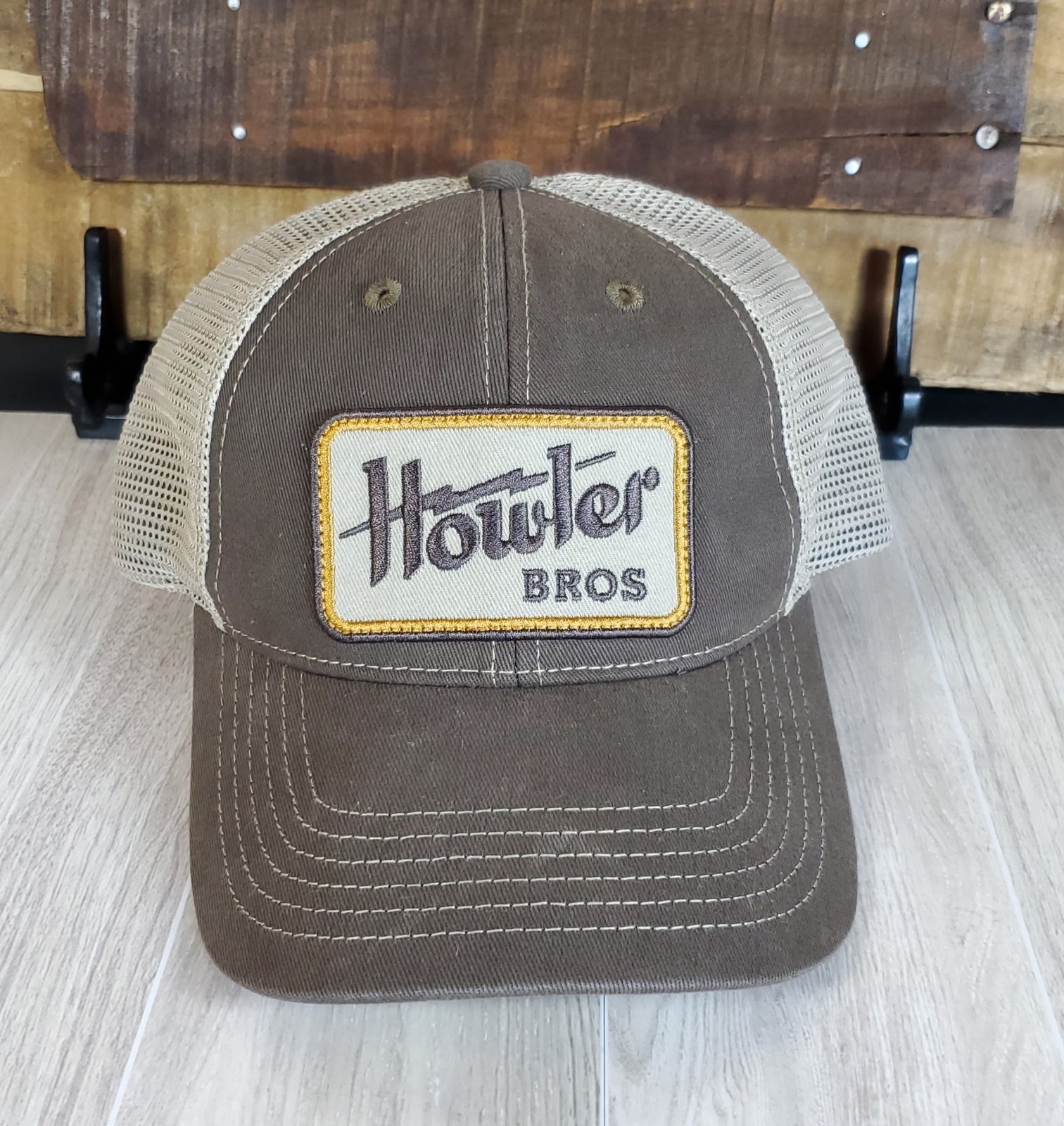 Howler Bros Logo Patch Trucker Snapback Hat Cap Tan Outdoors Fishing Adjustable