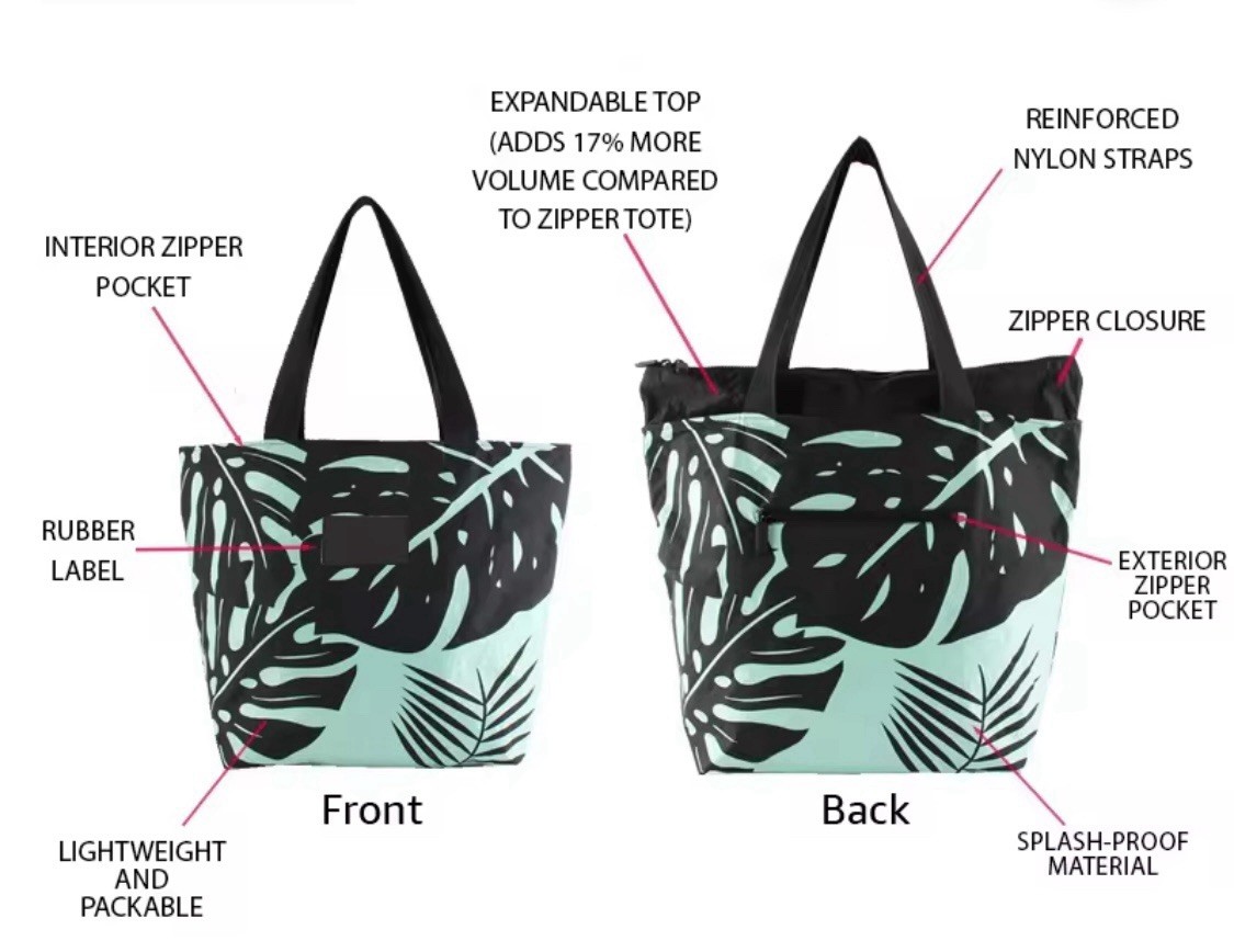 Splash-Proof BEACH Bags! Tote + Clutch (Pouch) Black/Green Monstera